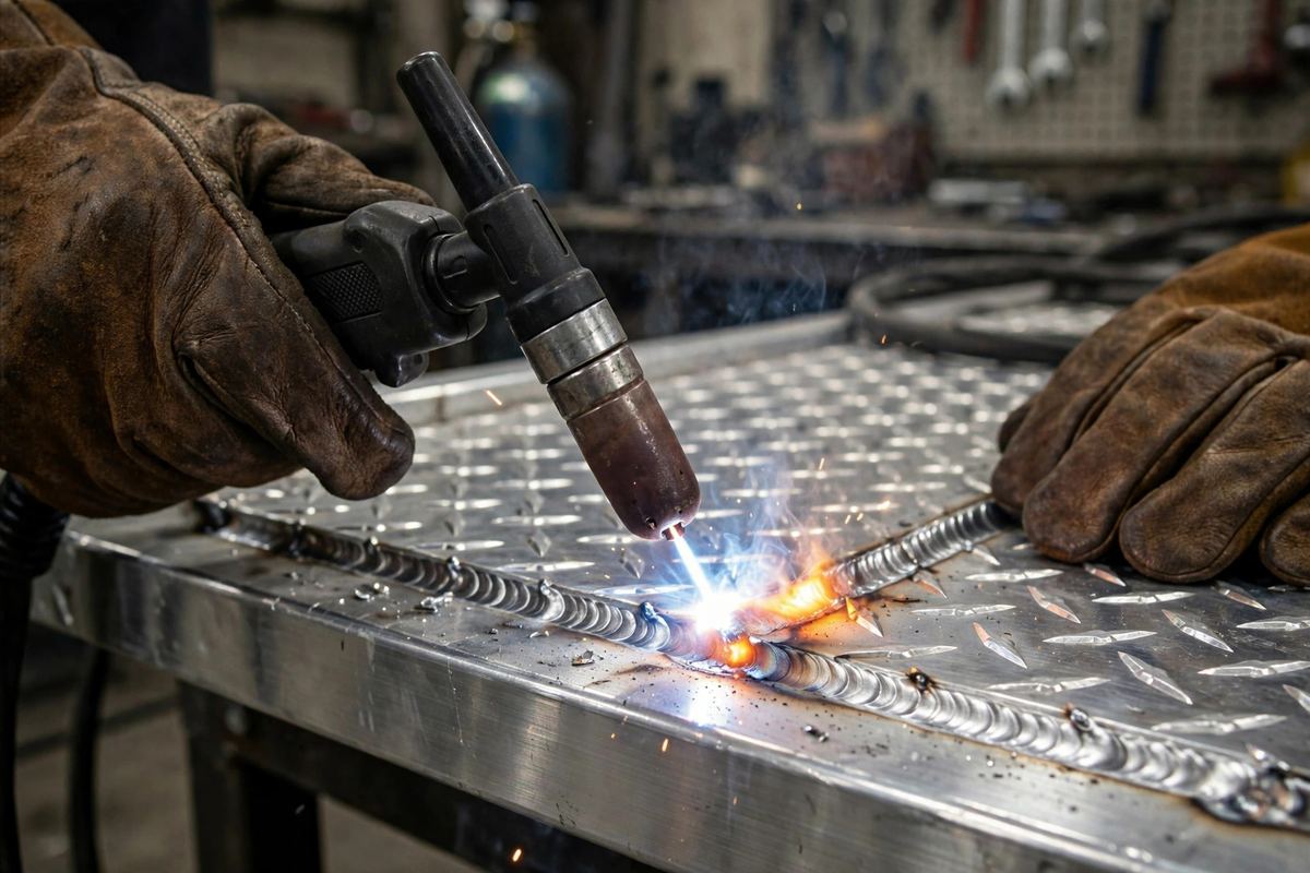 TIG welding aluminum on a truck bed in a fabrication shop