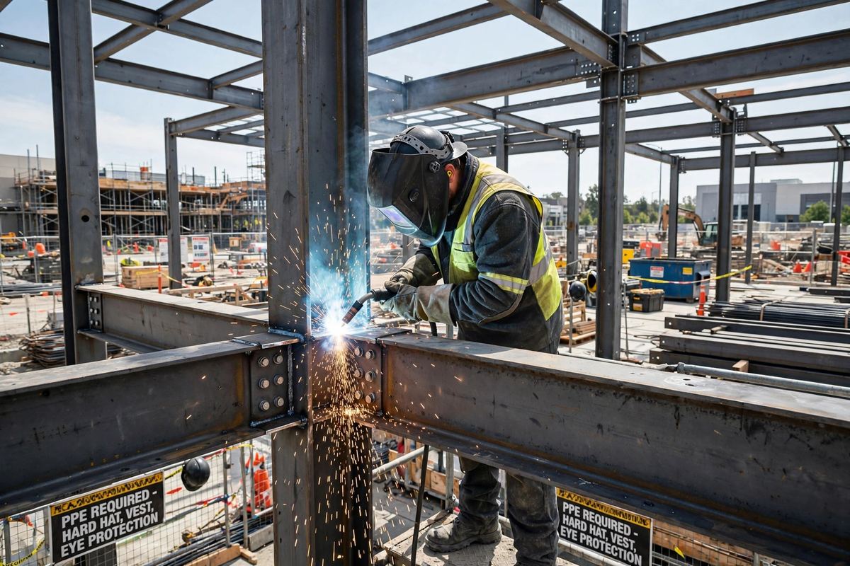 Structural steel welding on beams at a commercial construction site